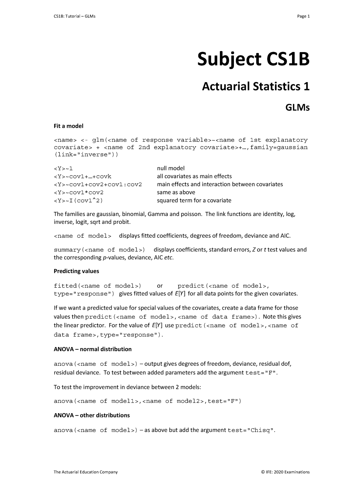 CS1B Summary 5 - GLMs 2020 Nnnnnnnnnnnnnnnnnnnnnnnnnnnnnnnn - CS1B ...