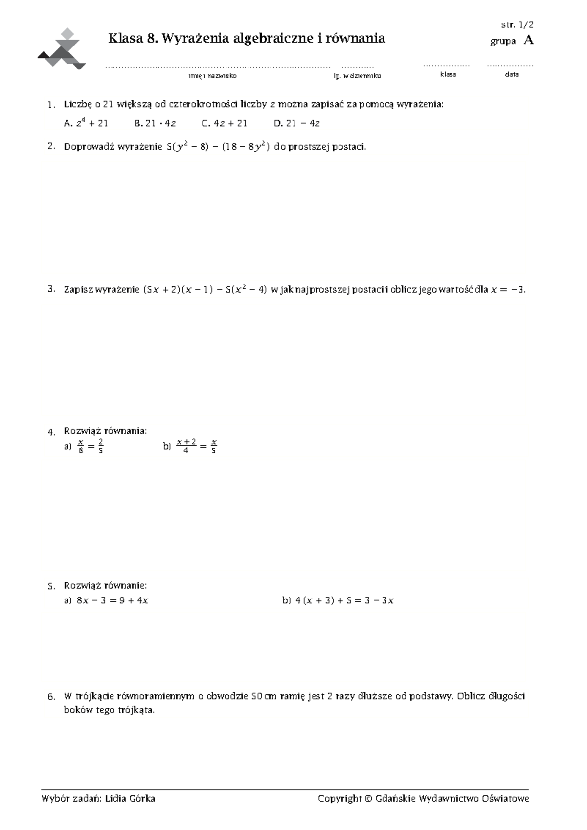 Sprawdzian Wyrażenia Algebraiczne Matematyka 2 www.studocu.com