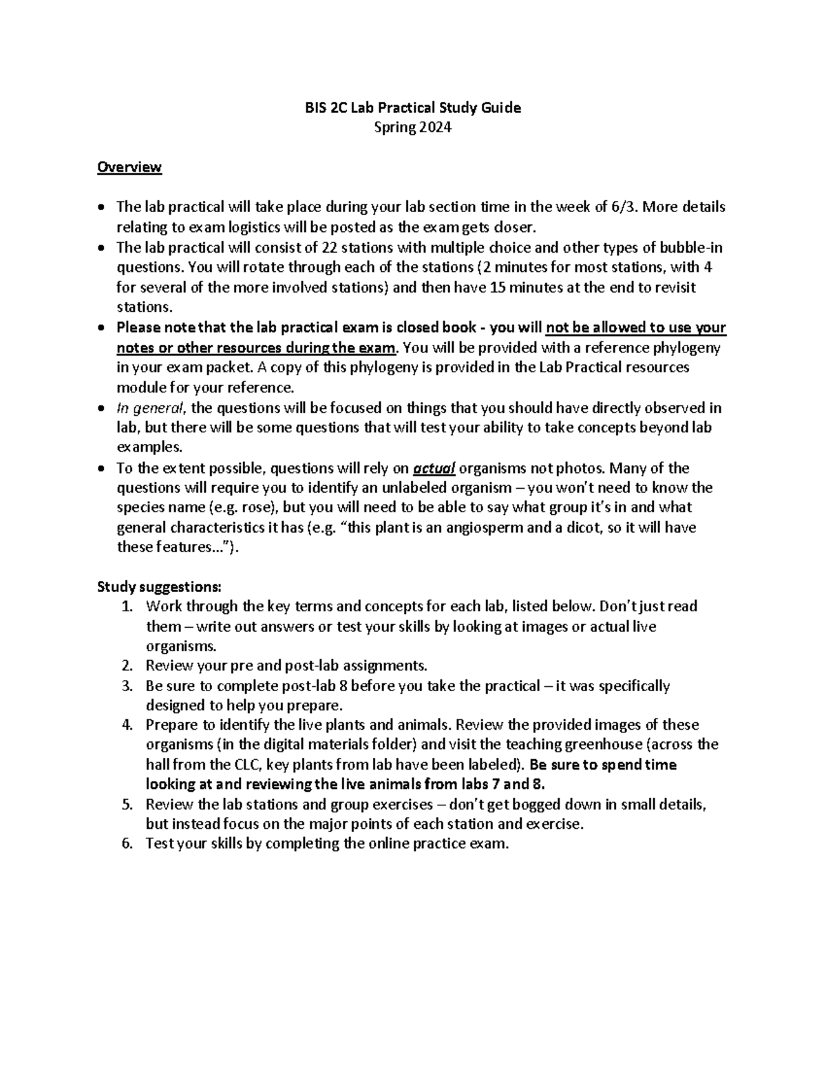 BIS 2C Lab Practical Study Guide - S24 - BIS 2C Lab Practical Study ...