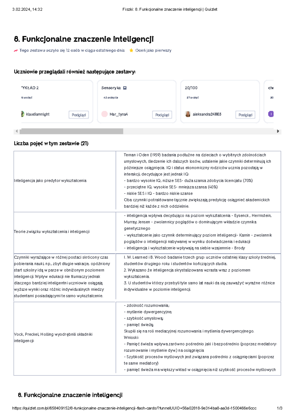 Fiszki 8. Funkcjonalne znaczenie inteligencji Quizlet - 3.02, 14:32 ...