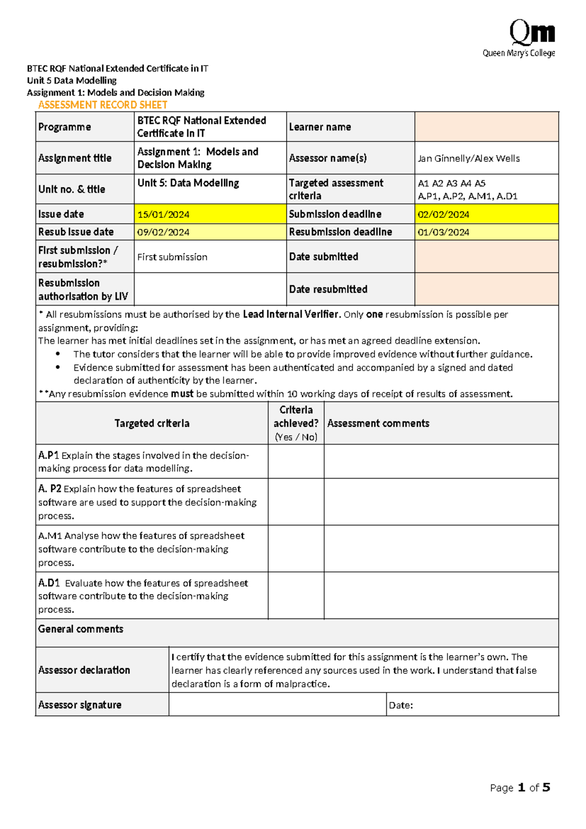 unit 5 data modelling assignment 1 examples