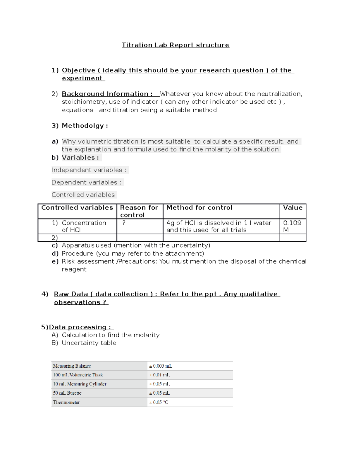 Titration Lab report format Titration Lab Report structure Objective