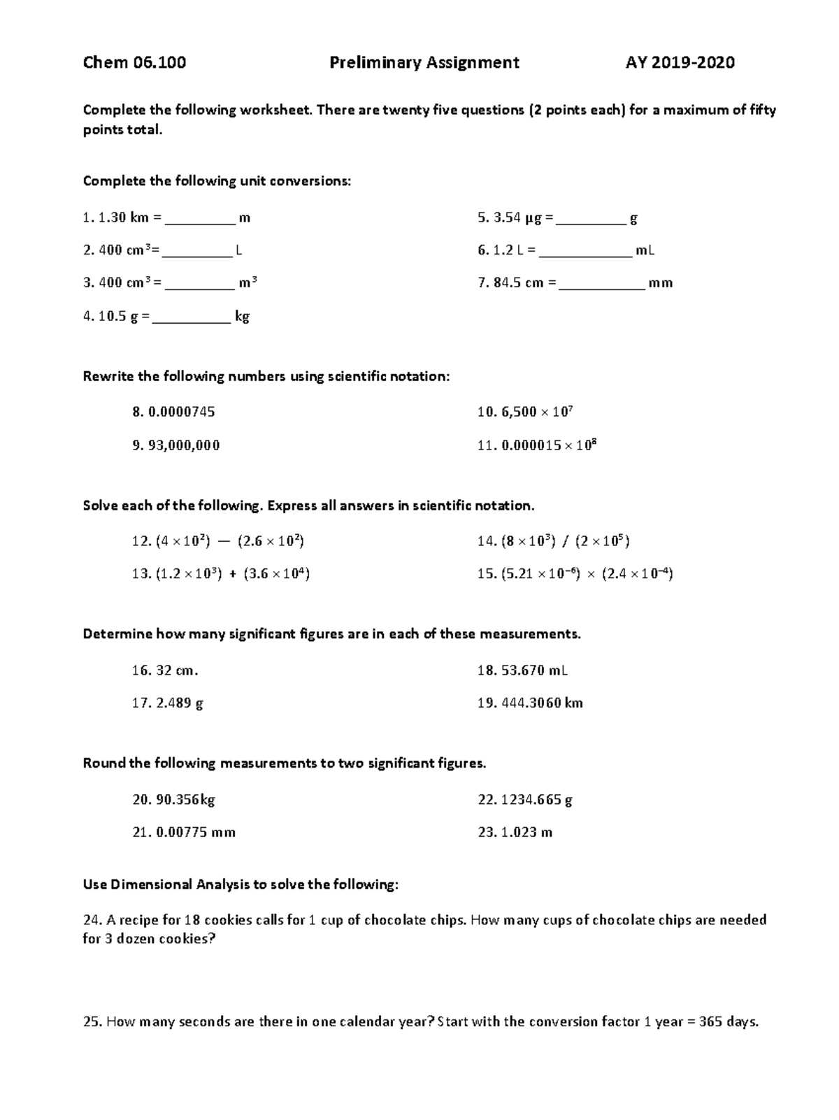 Chem1 Sig Fig DA Worksheet 8 2019 - Chem 06 Preliminary Assignment AY ...