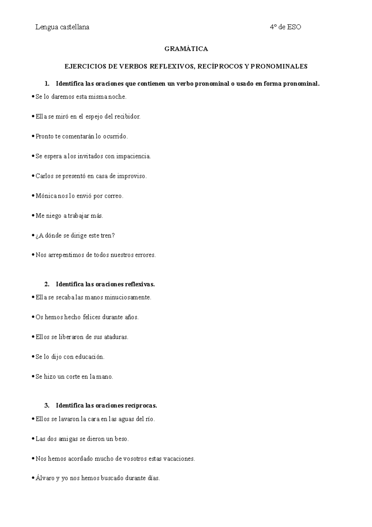 Ejercicios Verbos Pronominales - Lengua Castellana 4º De ESO GRAMÁTICA ...