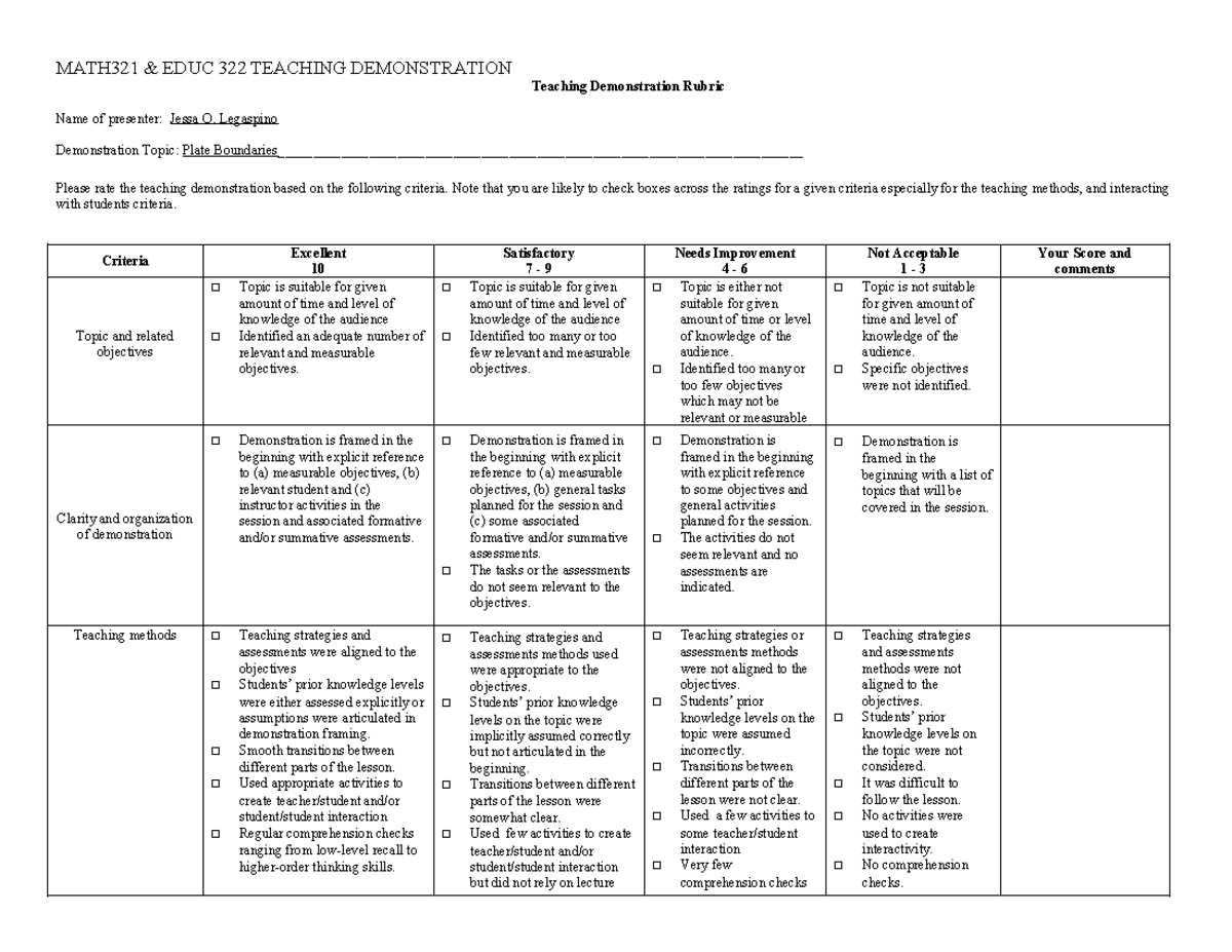 Teaching-Demonstration-Rubric - MATH321 & EDUC 322 TEACHING ...