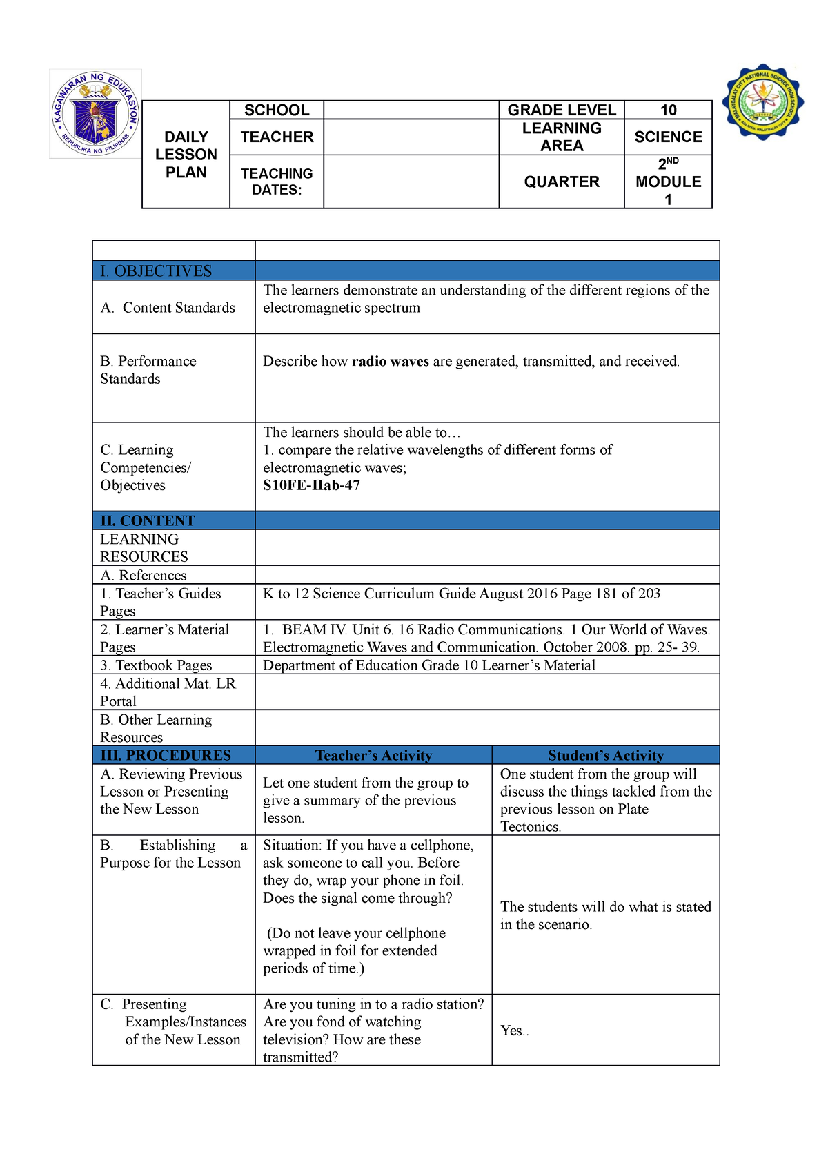 S10FE-IIab-47 Electromagnetic Spectrum - DAILY LESSON PLAN SCHOOL GRADE ...