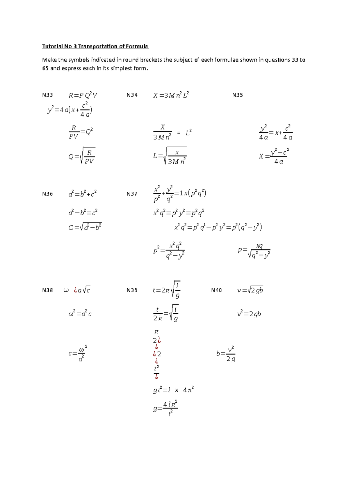 2018-2019 Tutorial No 3 Transposition Of Formulae - Tutorial No 3 