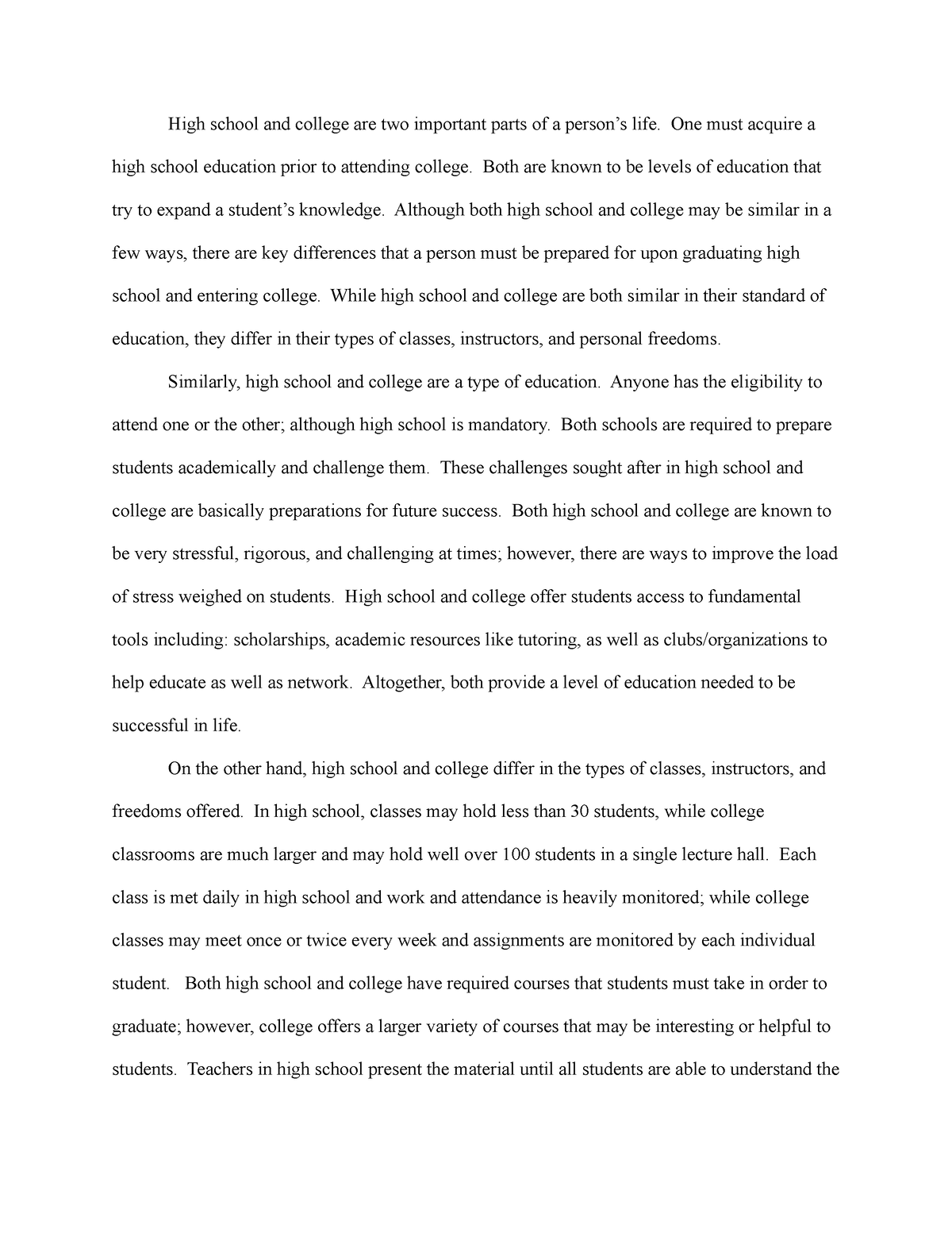 comparison contrast essay about college and high school