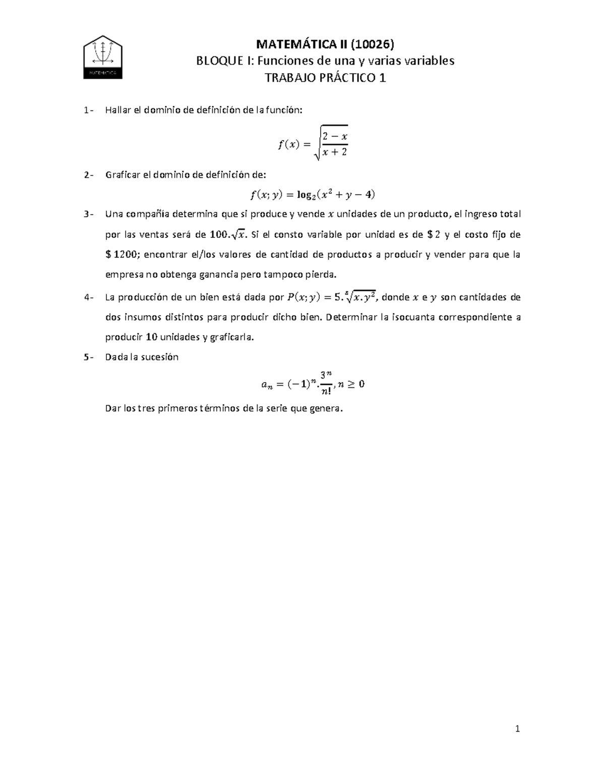 Bloque I Funcion De Una Y Varias Variables Trabajo Practico 1 ...