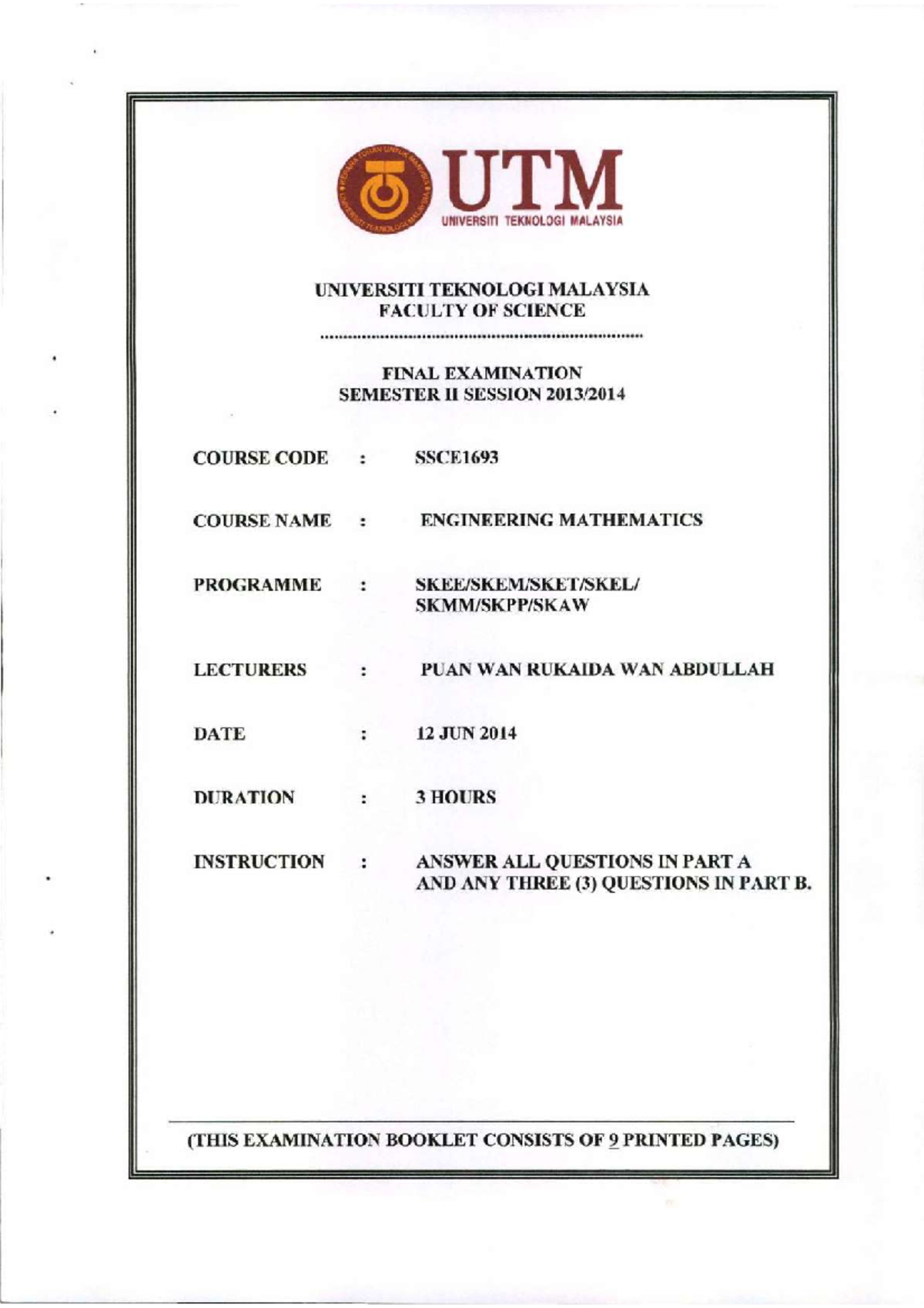 Past Year Exam And Solution - Engineering Mathematics - Studocu