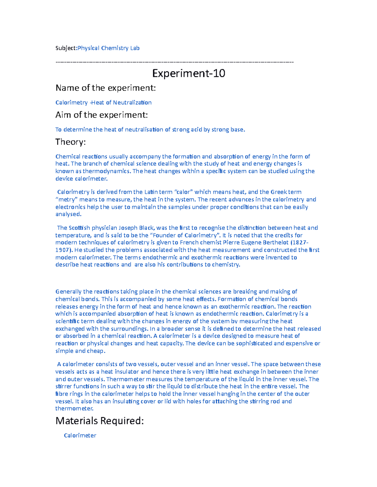 Experiment 10(Heat of Neutralization) SubjectPhysical Chemistry Lab