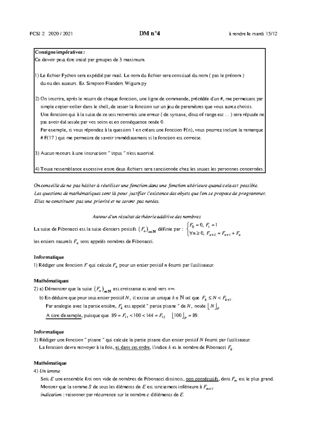 DM programmation Python et suite de Fibonacci - PCSI 2 2020 / 2021 DM n ...