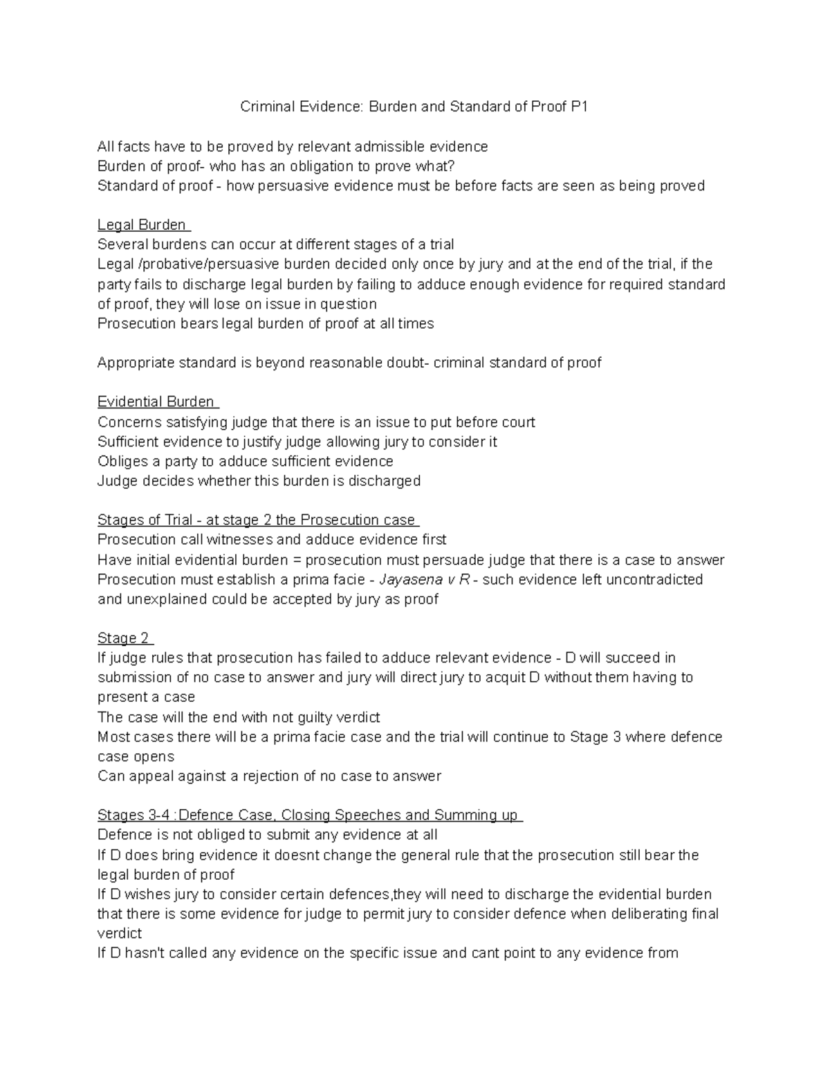 Criminal Evidence Burden and Standard of Proof Case Law - Criminal ...