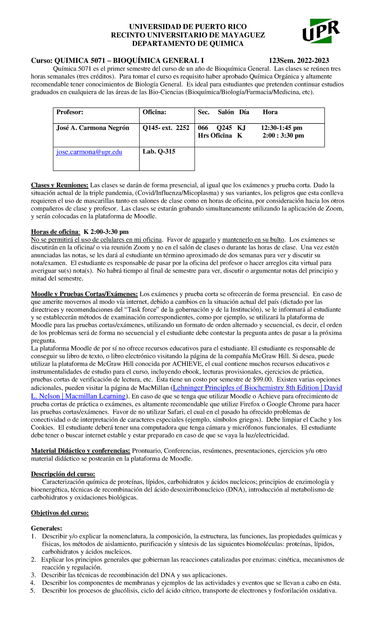 Prontuario-Q5071 1er Sem 2023-2024 - UNIVERSIDAD DE PUERTO RICO RECINTO ...