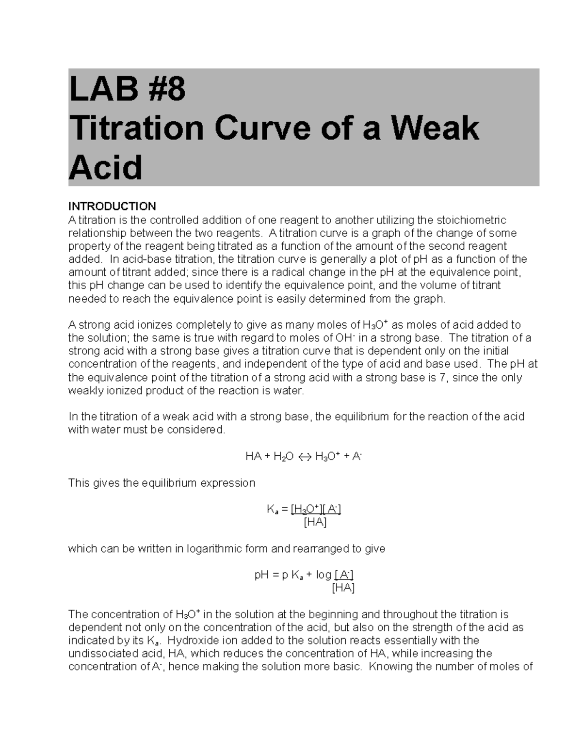 Lab 8 Titration of an Unknown Acid LAB Titration Curve of a Weak Acid