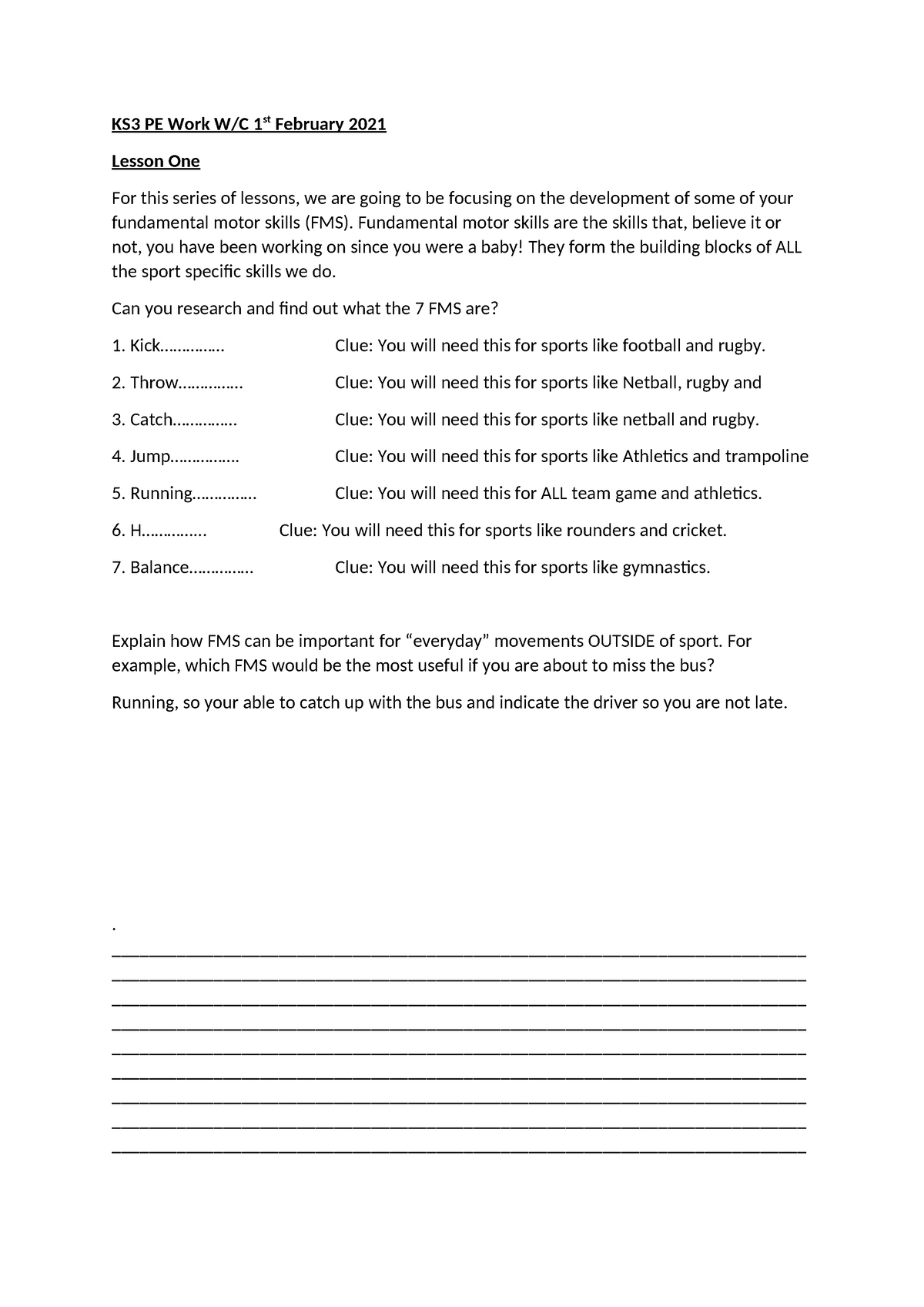 KS3 PE Work WC 1 - Cddddd - KS3 PE Work W/C 1st February 2021 Lesson ...