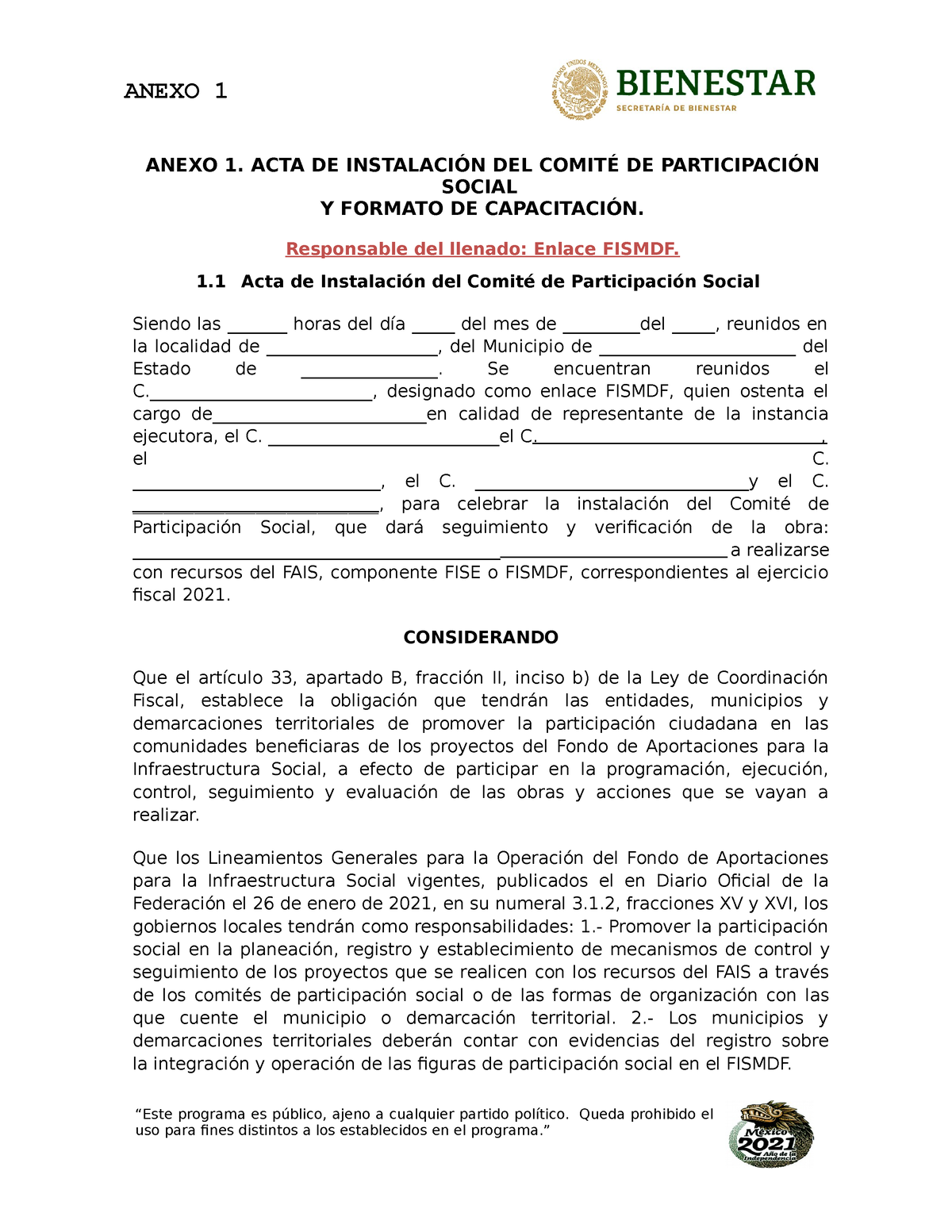 Anexos Participacion Social 2021 Anexo 1 Acta De InstalaciÓn Del ComitÉ De ParticipaciÓn 3334