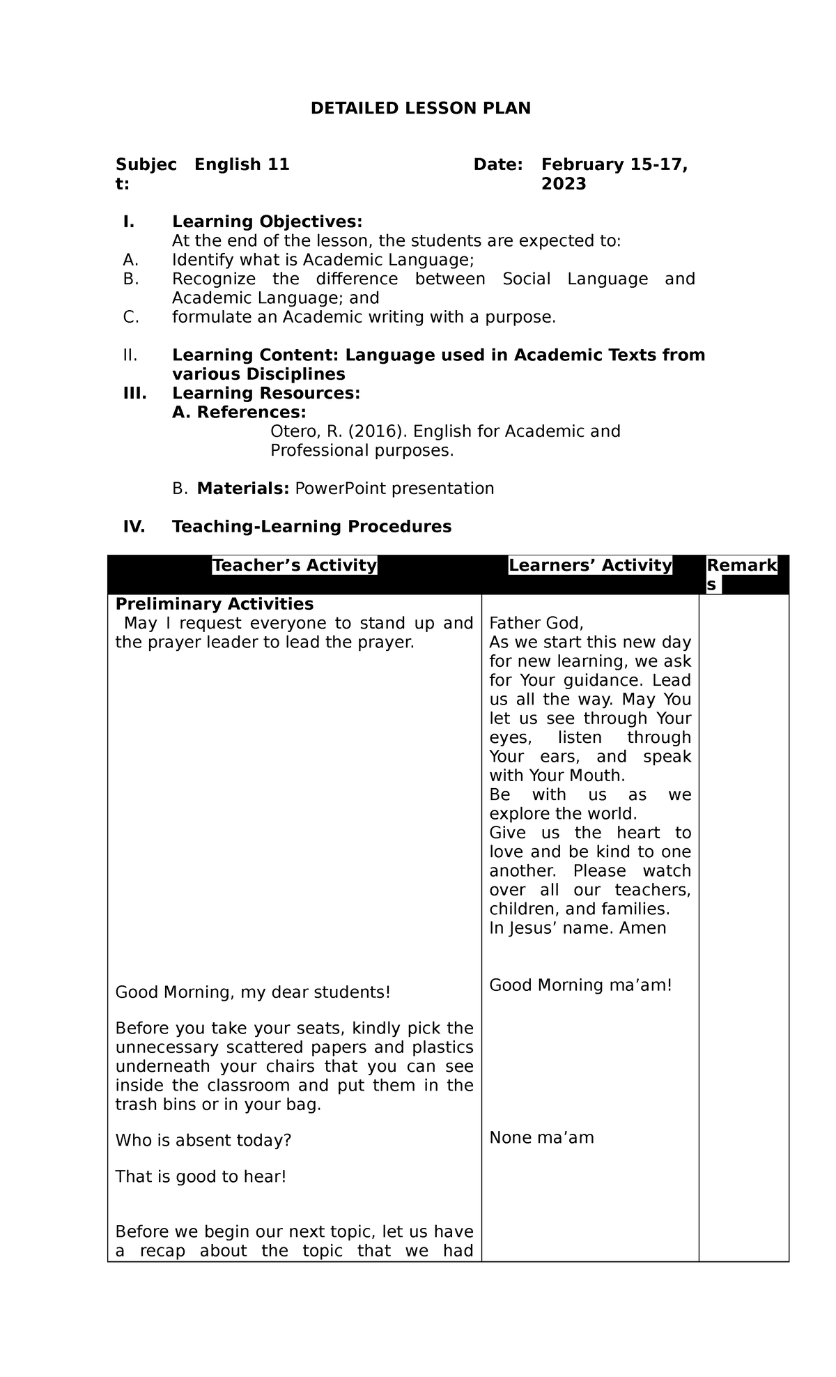 EAPP M1-L2 - Detailed lesson plan - DETAILED LESSON PLAN Subjec t ...