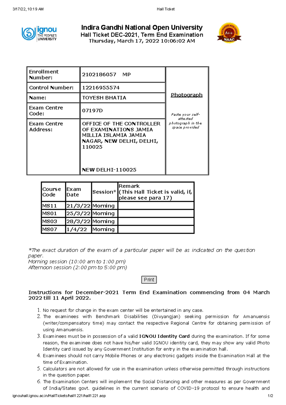 Ignou Hall Ticket March 2022 - 3/17/22, 10:19 AM Hall Ticket - Studocu