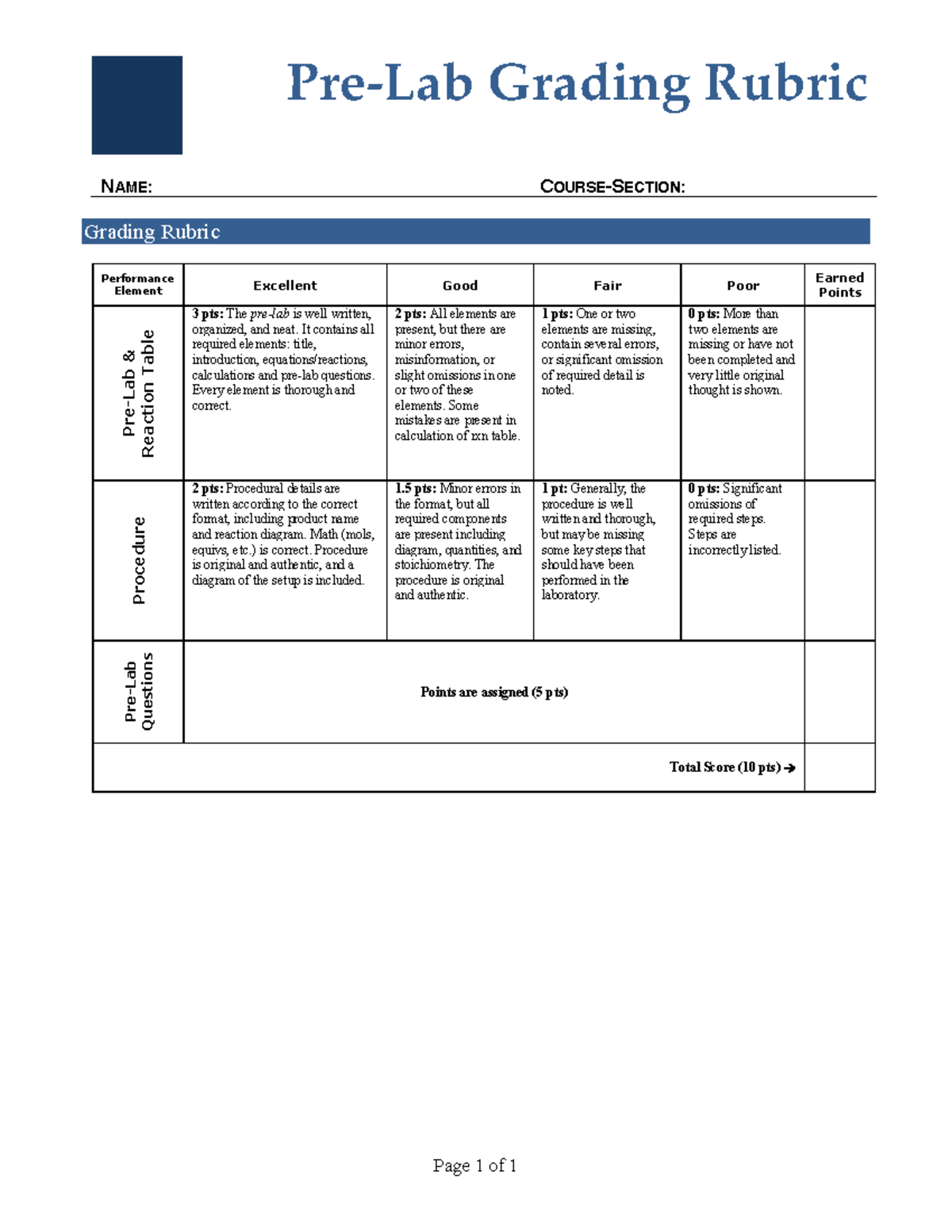 233 PreLab Grading Rubric Page 1 of 1 PreLab Grading Rubric NAME
