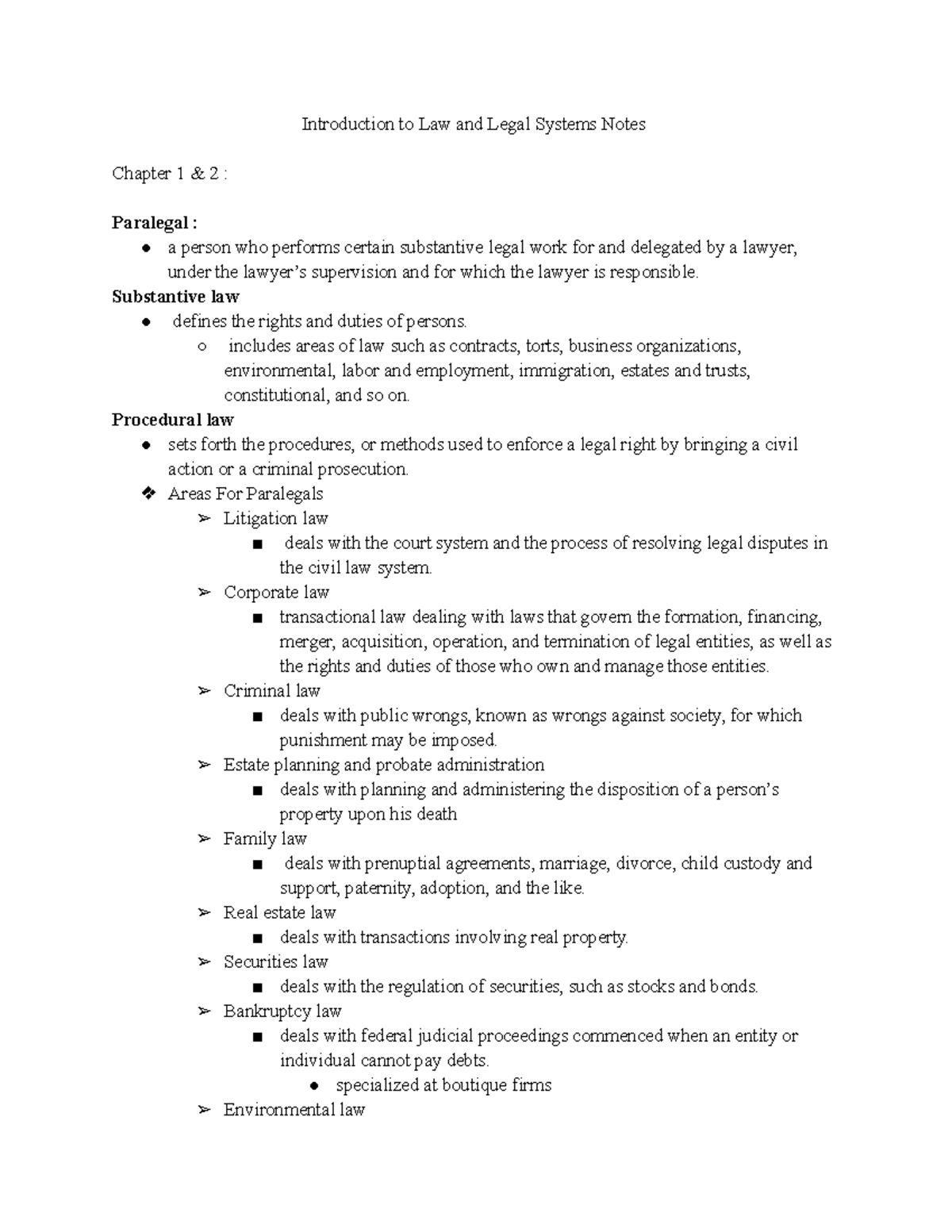 Introduction to Law and Legal Systems Notes - Substantive law defines ...