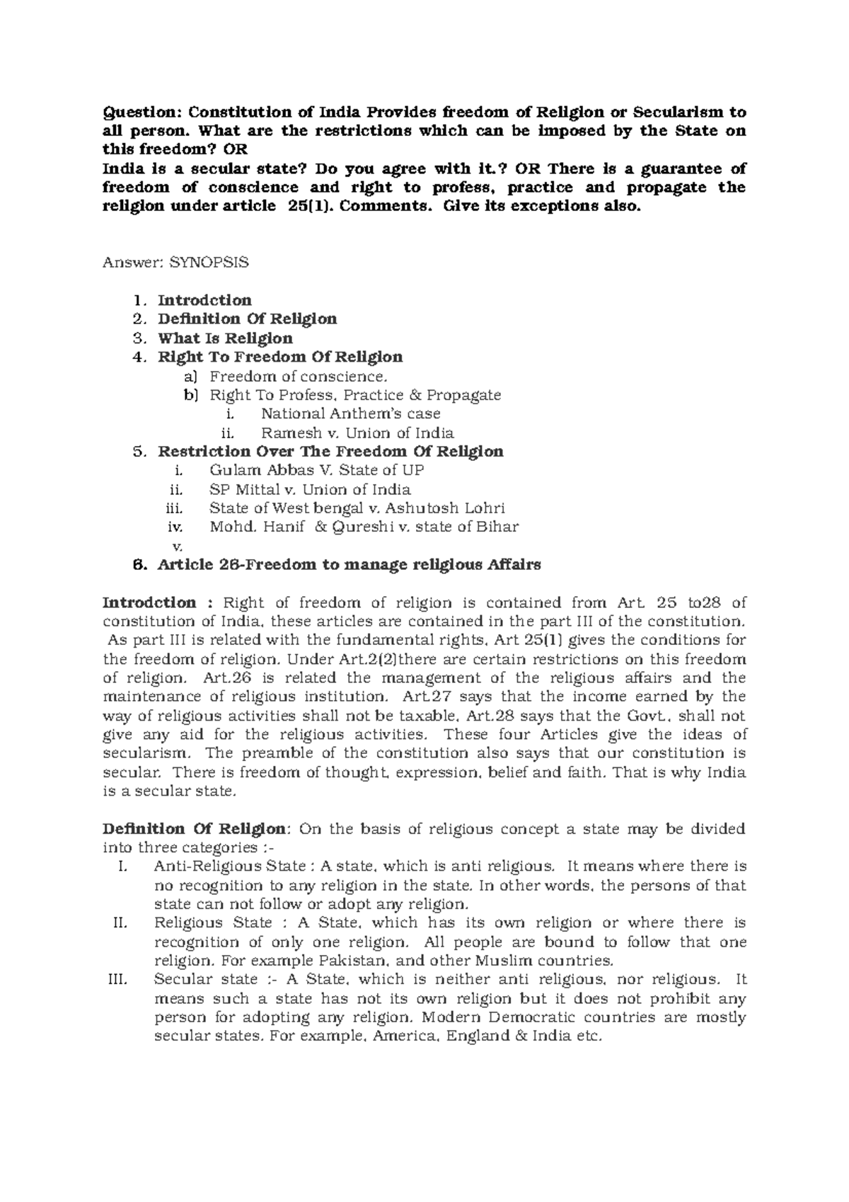 ART25 TO 28 Funmlkwclkwmckmwlec W Question Constitution Of India