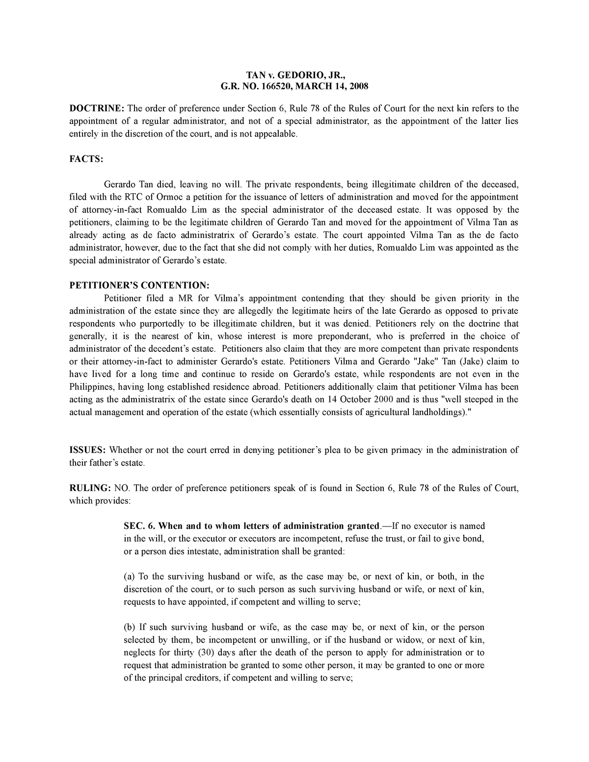 4. TAN v. Gedorio, JR - TAN v. GEDORIO, JR., G. NO. 166520, MARCH 14 ...