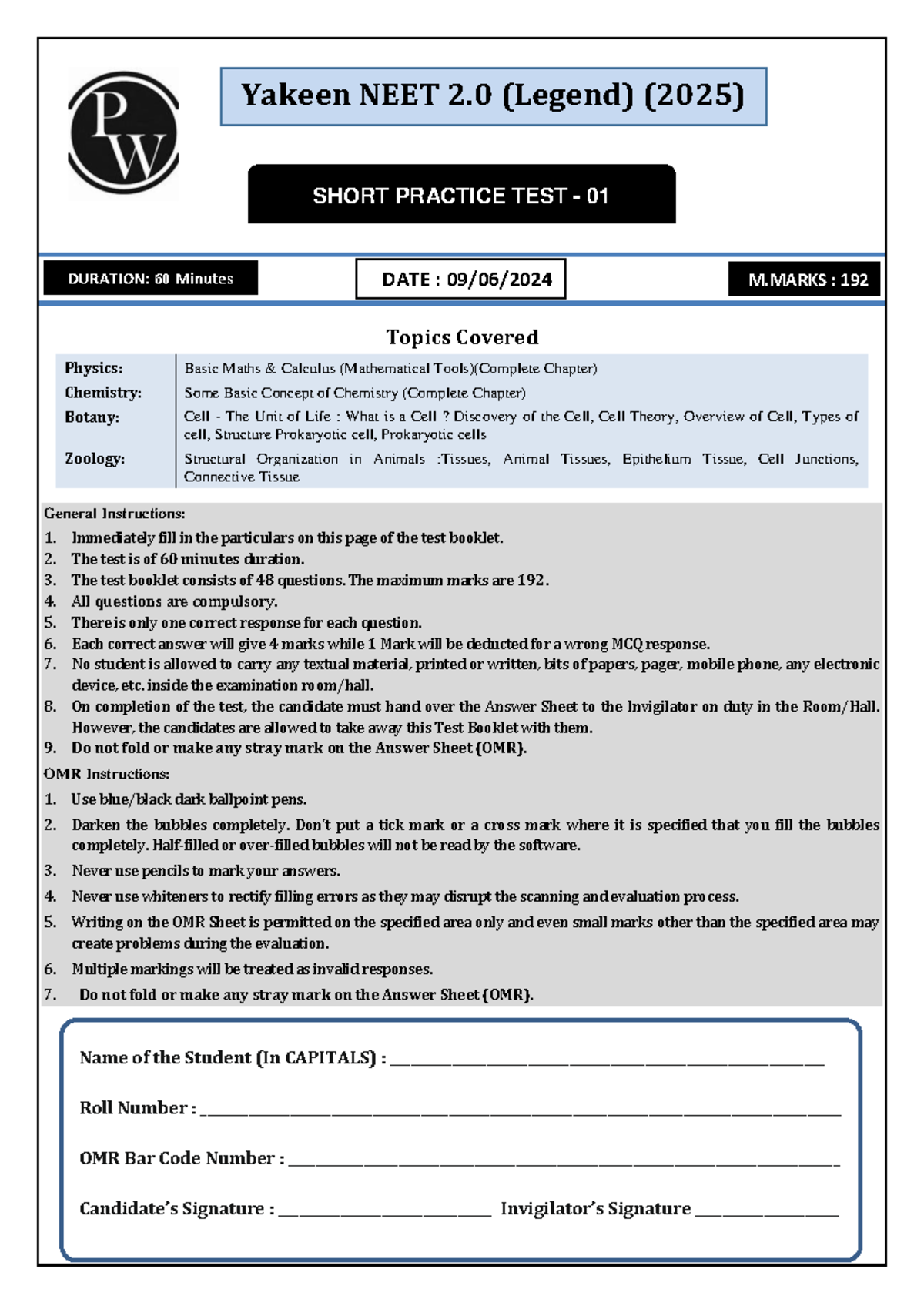 Short Practice Test-01 Test Paper - Topics Covered Physics: Basic Maths ...