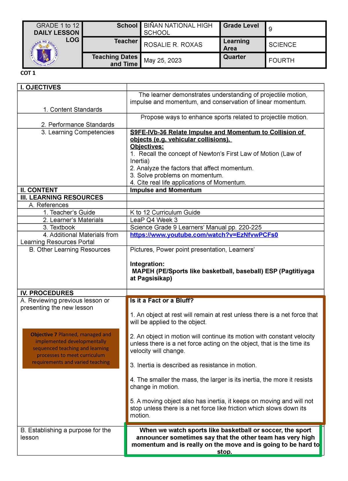 Momentum COT 2DLL - GRADE 1 to 12 DAILY LESSON LOG School BIÑAN ...