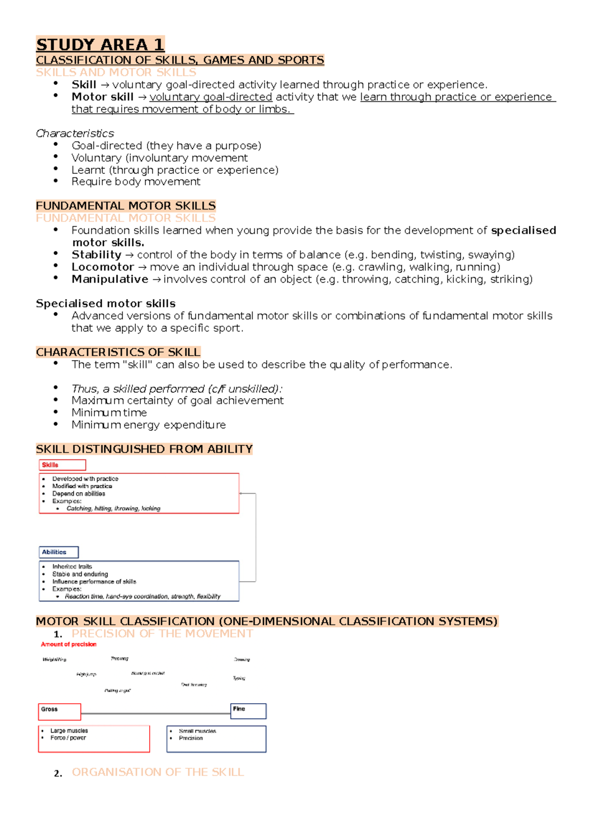 Study AREA 1 - STUDY AREA 1 CLASSIFICATION OF SKILLS, GAMES AND SPORTS ...