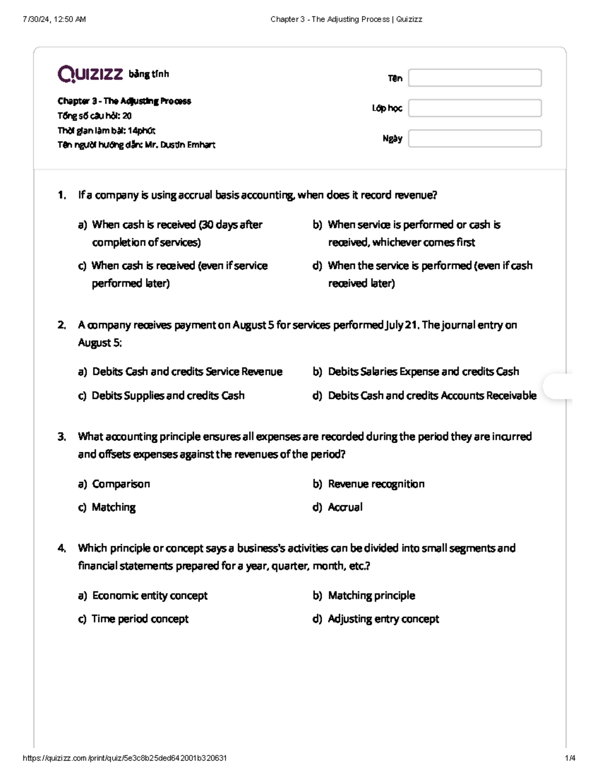 Chapter 3 The Adjusting Process Quizizz Bảng Tính Chapter 3 The