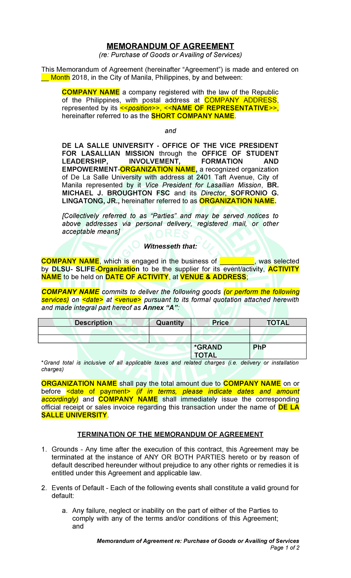 Memorandum of agreement purchasing - MEMORANDUM OF AGREEMENT (re ...