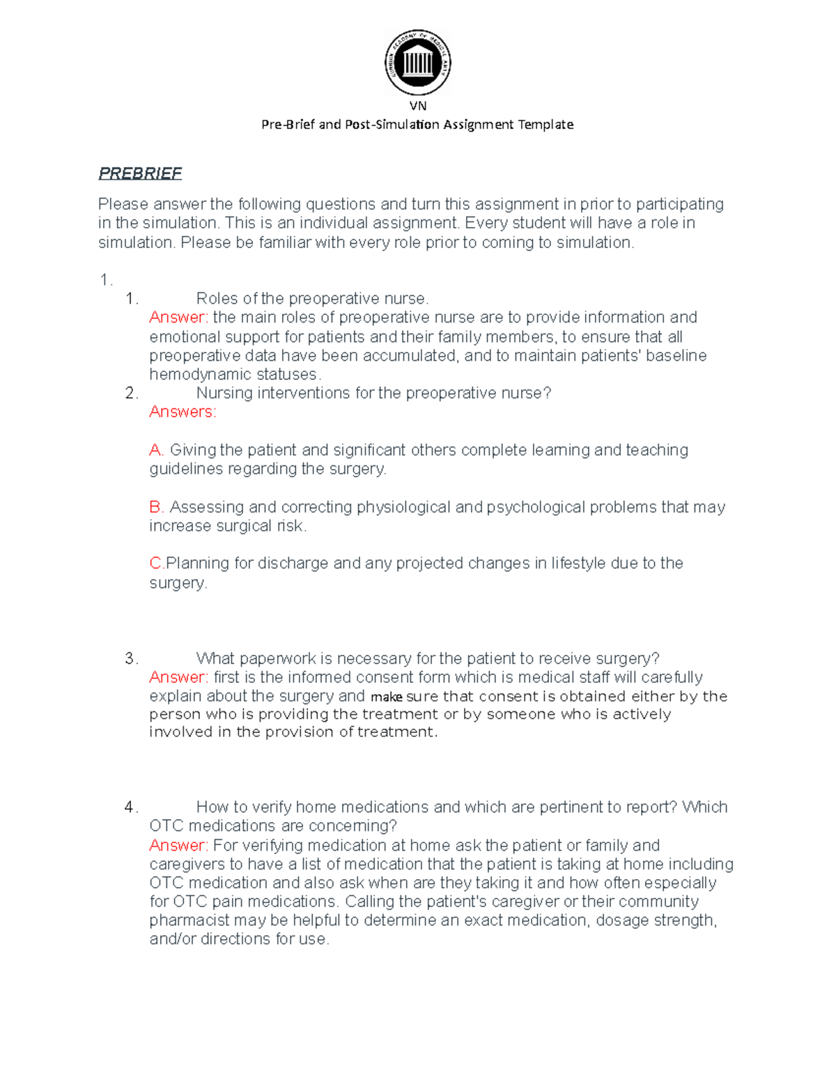 4 PreBrief and PostSimulation Assignment Preoperative Simulation
