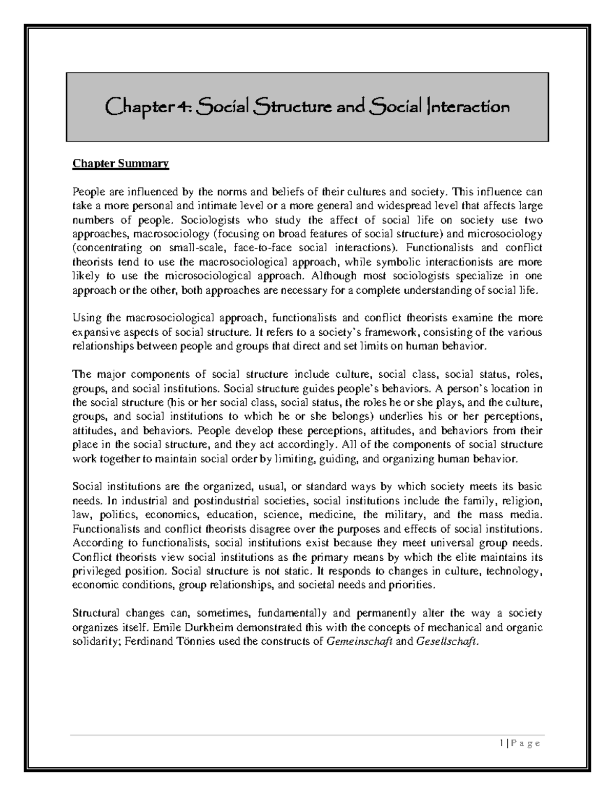Chapter 4 outline - Chapter 4: Social Structure and Social Interaction ...