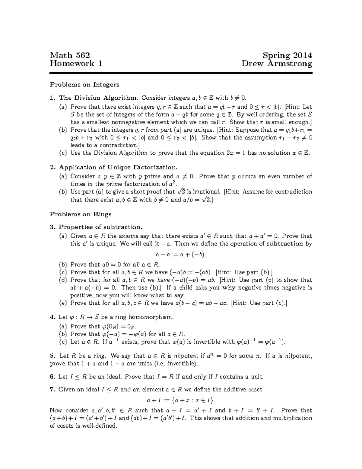 Spring 14, Hw 1 - Homework - Math 562 Homework 1 Spring 2014 Drew ...