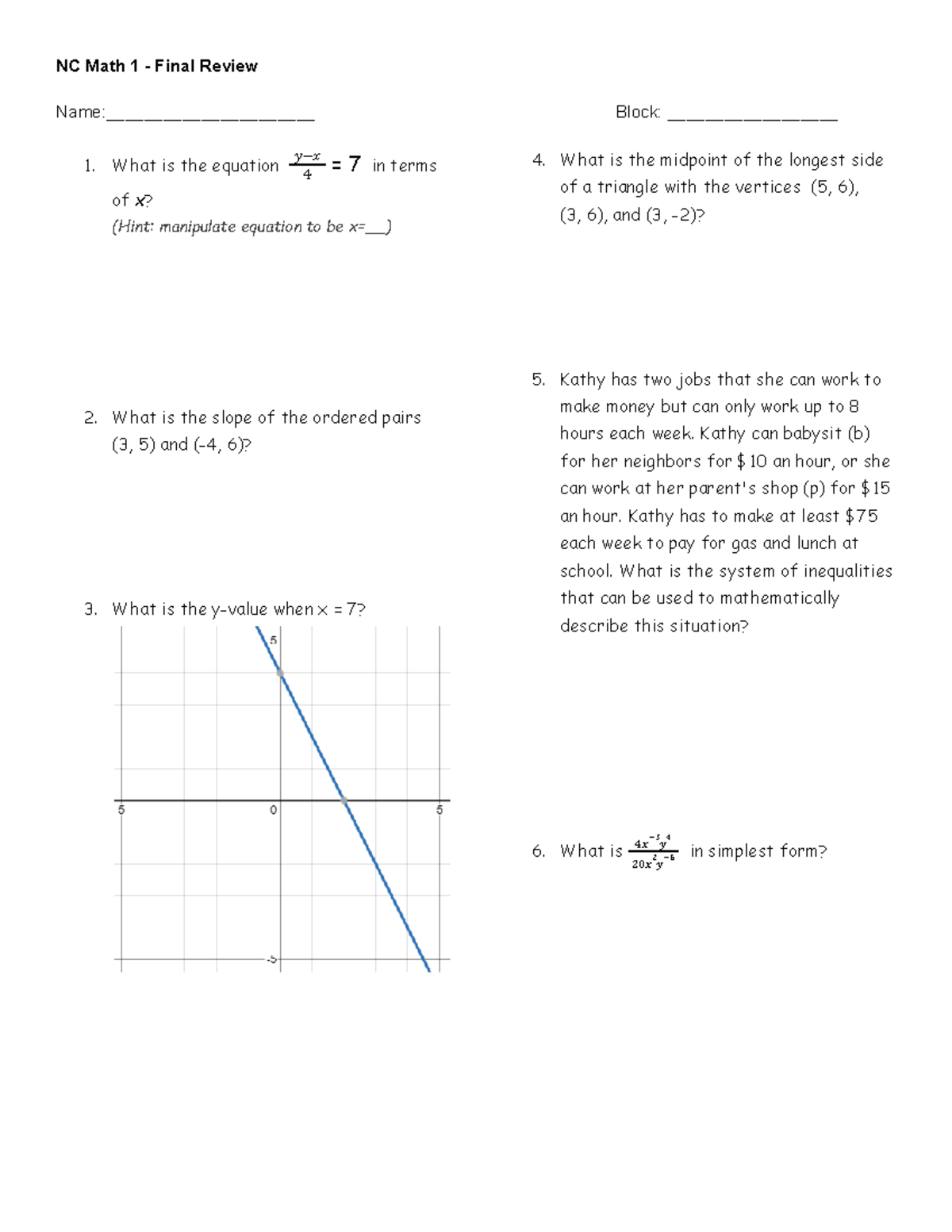 NC Math 1 - Final Review - Don’t have any - Name ...