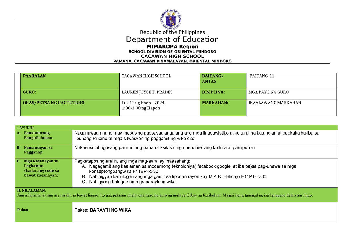 Joyce Lp Lessonplan Republic Of The Philippines Department Of Education Mimaropa Region 2821