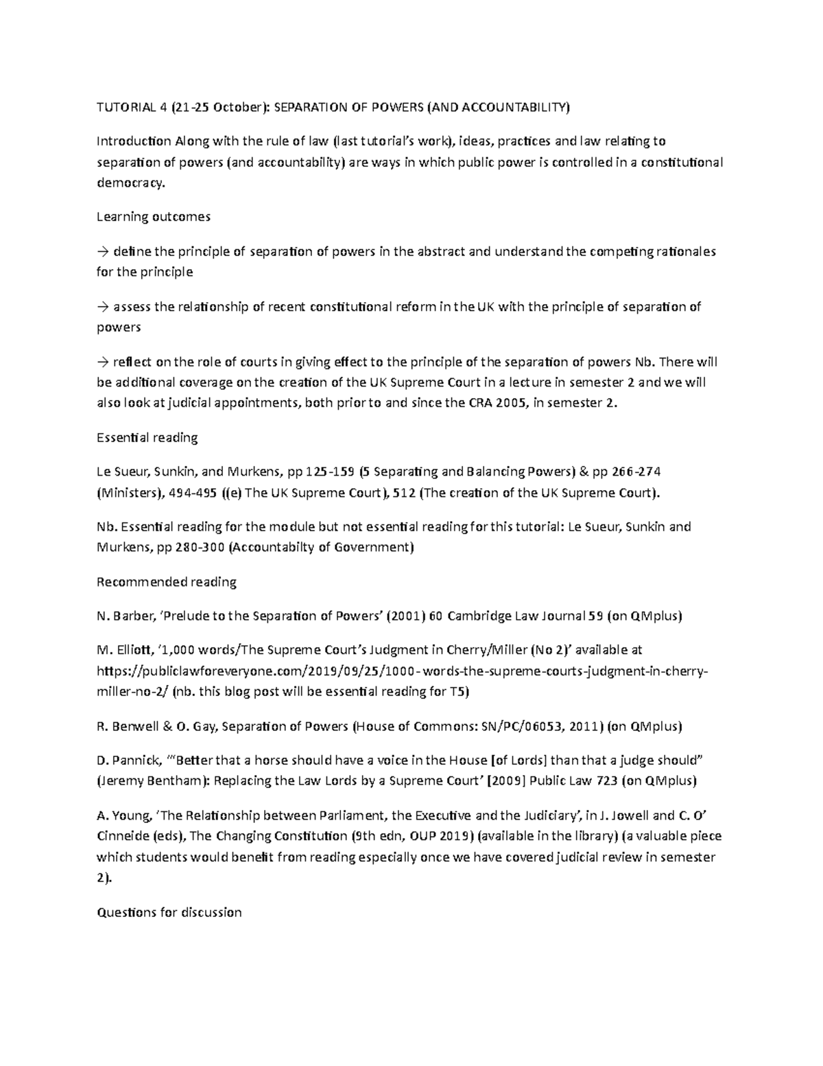 tutorial 4 notes - TUTORIAL 4 (21-25 October): SEPARATION OF POWERS ...