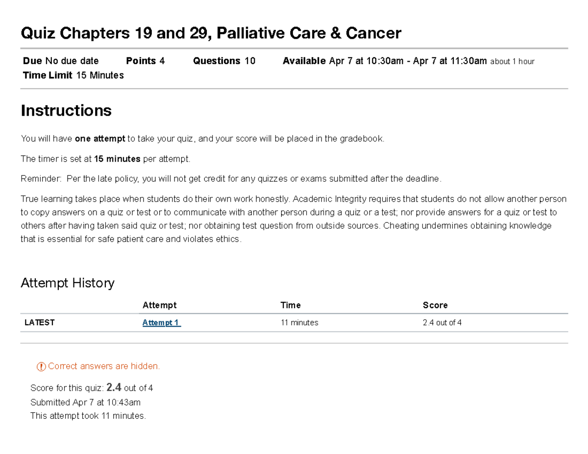 Maternity quiz post parsimony Quiz Chapters 19 and 29, Palliative