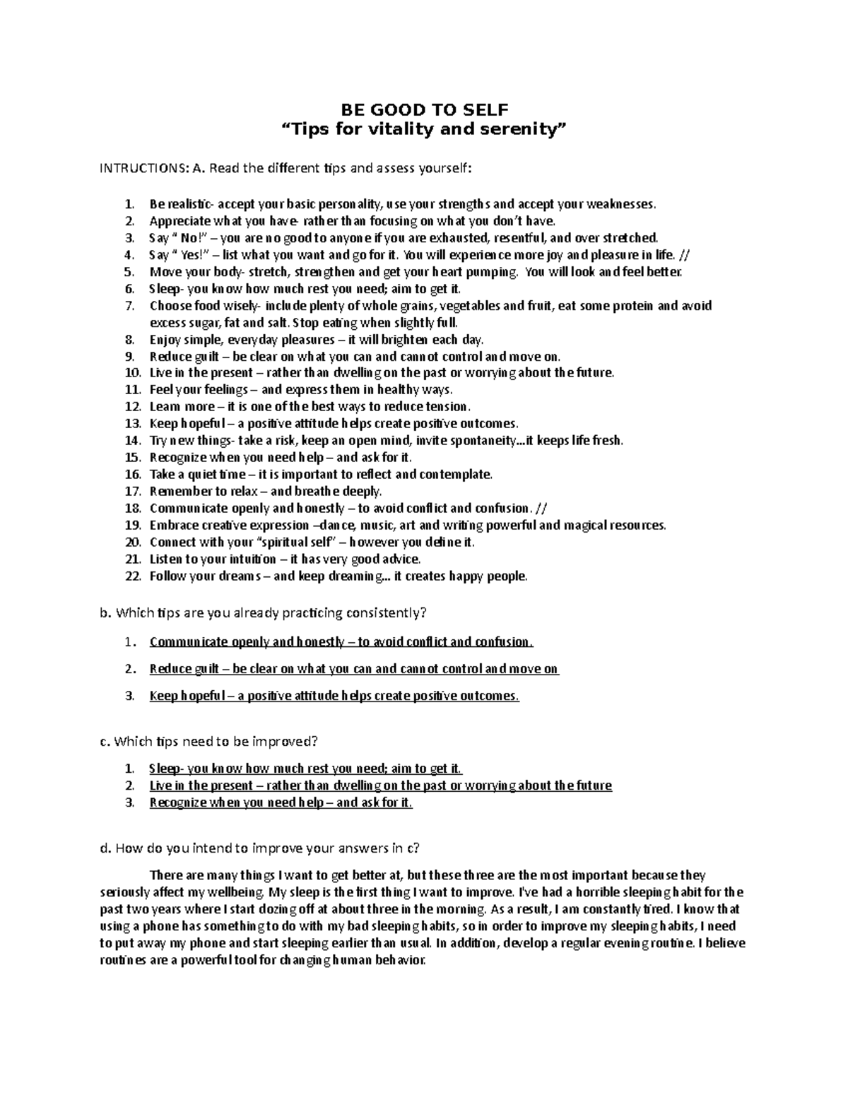 BE GOOD TO SELF Activity - BE GOOD TO SELF “Tips for vitality and ...