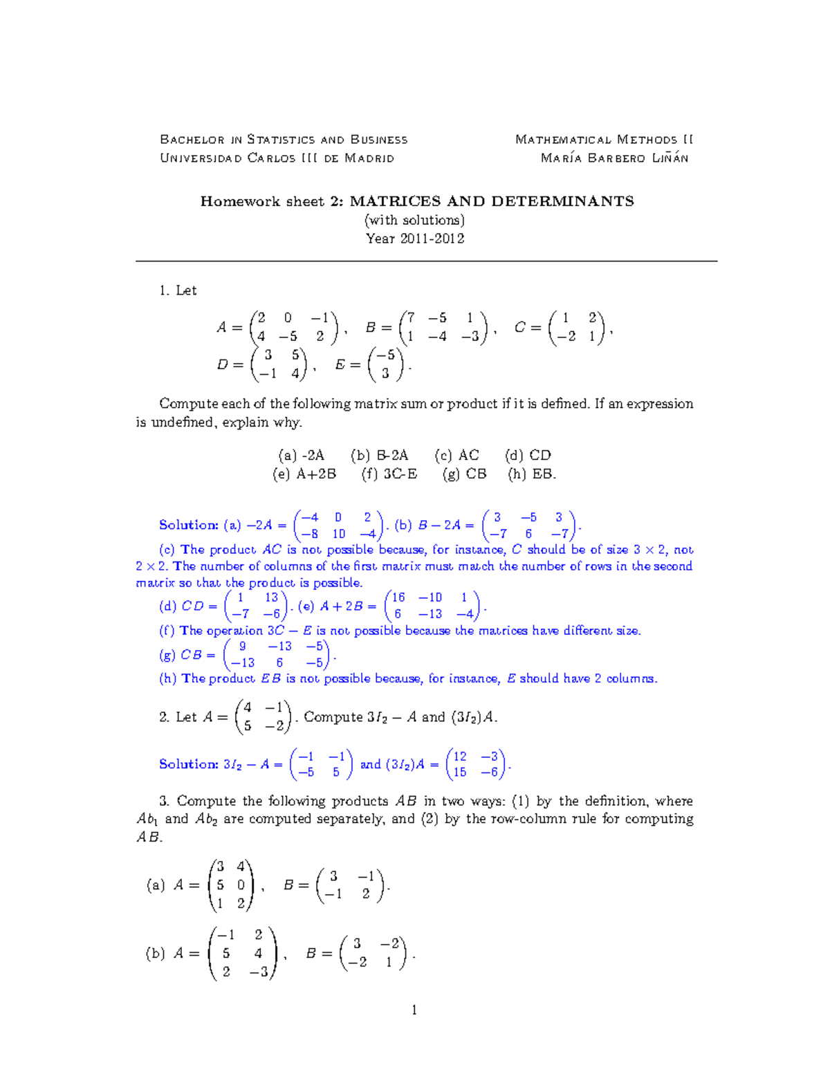 Homework Sheet 2Solutions - Bachelor in Statistics and Business ...