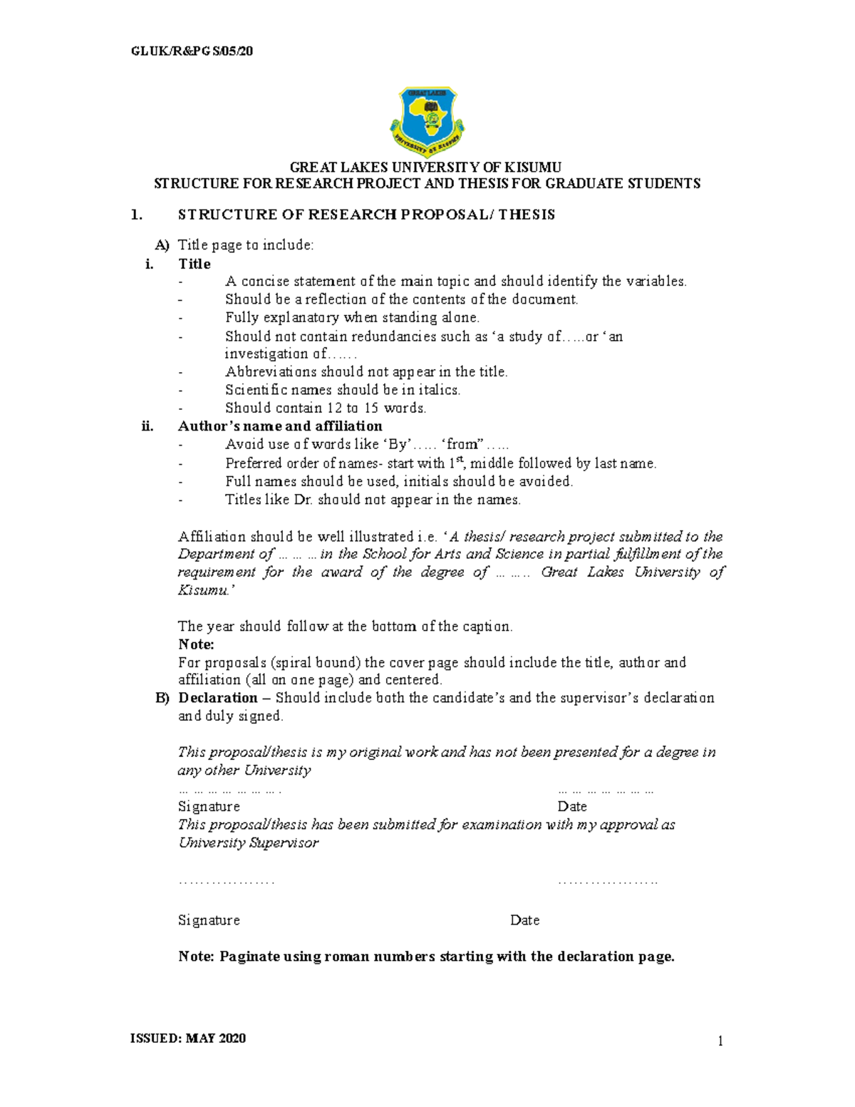 Structure OF Proposal - GREAT LAKES UNIVERSITY OF KISUMU STRUCTURE FOR ...