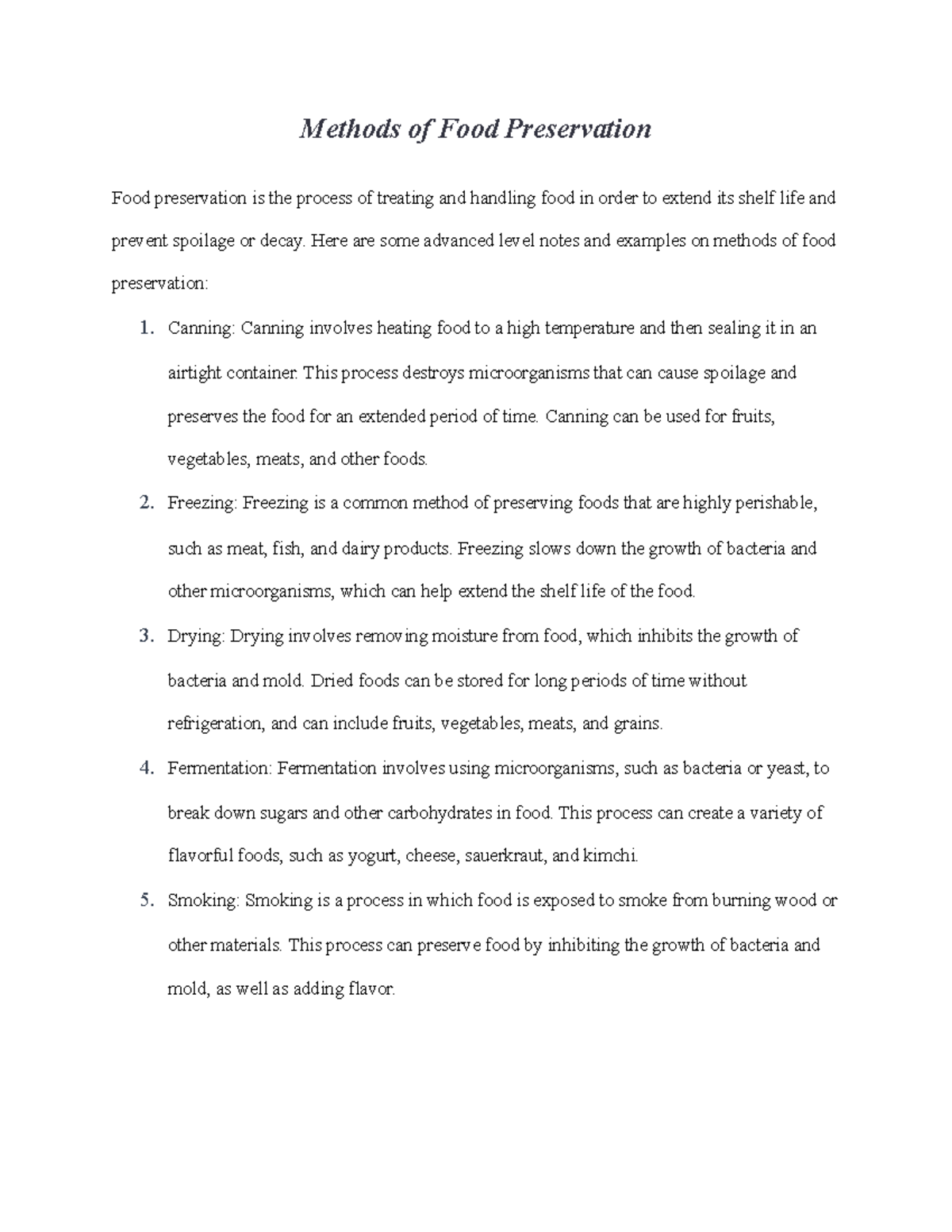 Notes on Methods of Food Preservation Methods of Food Preservation