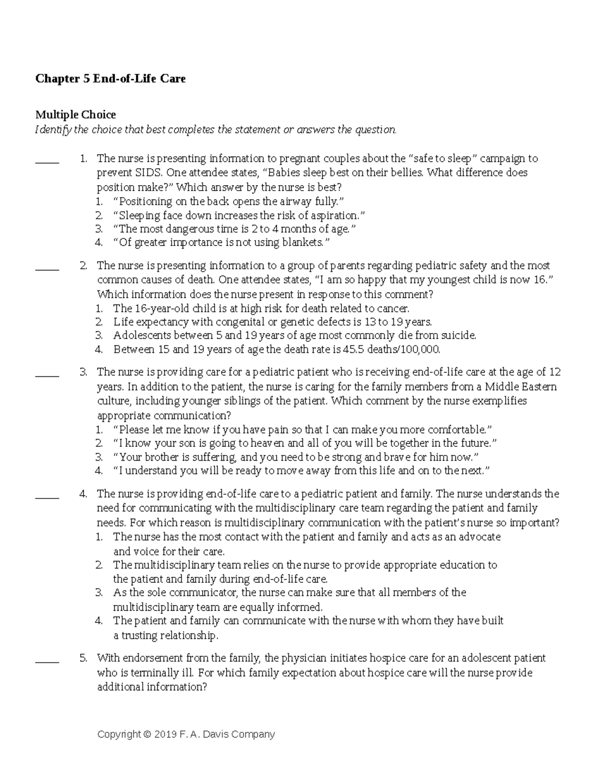 Ch05 1 pediatrics nursing - Chapter 5 End-of-Life Care Multiple Choice ...