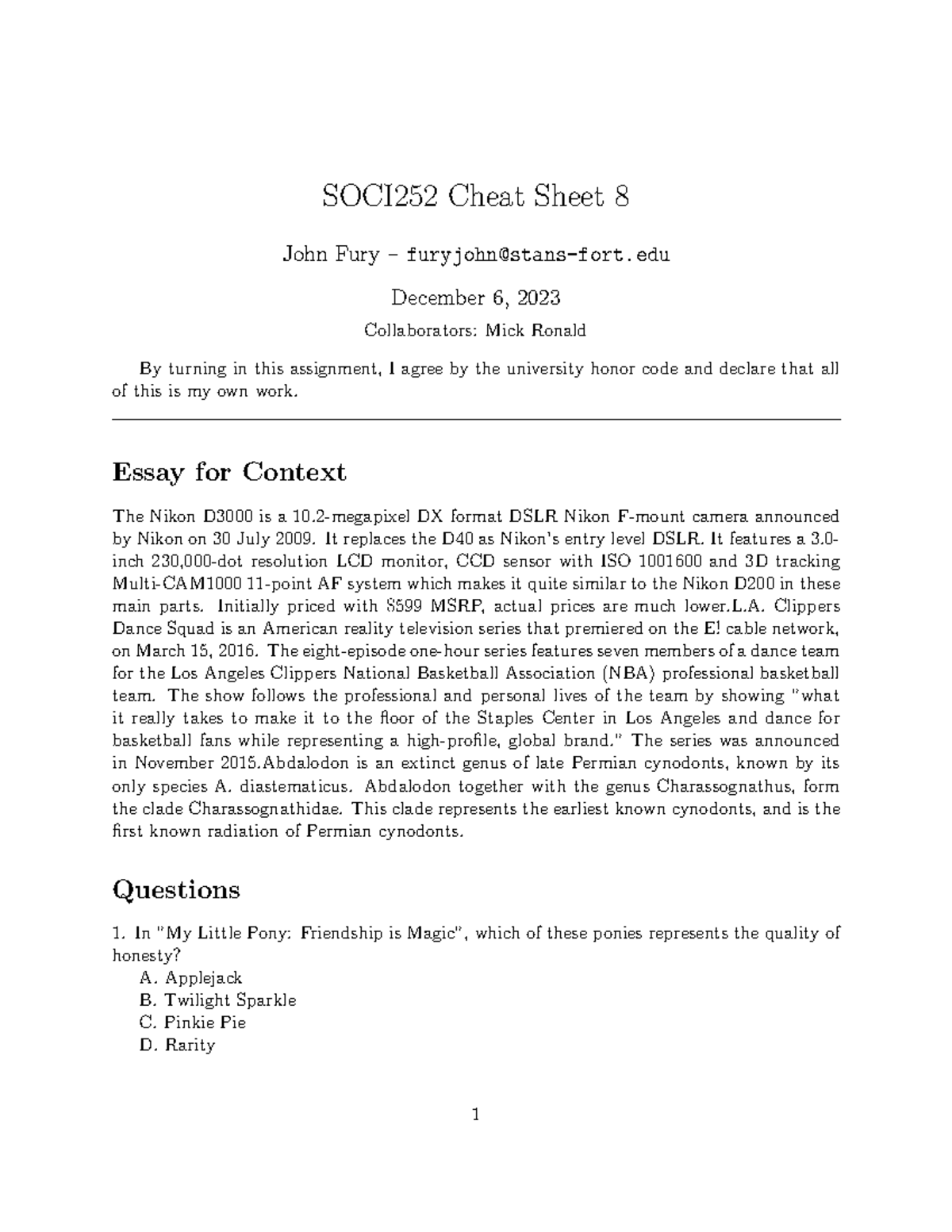 SOCI252 Cheat Sheet 8 - Essay for Context The Nikon D3000 is a 10 ...