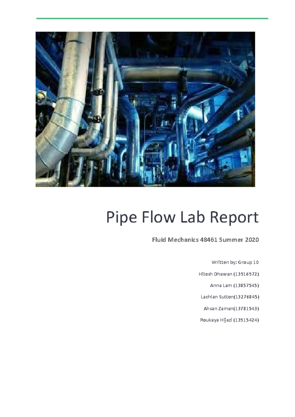 Pipe flow NEW Assignment for subject Pipe Flow Lab Report Fluid