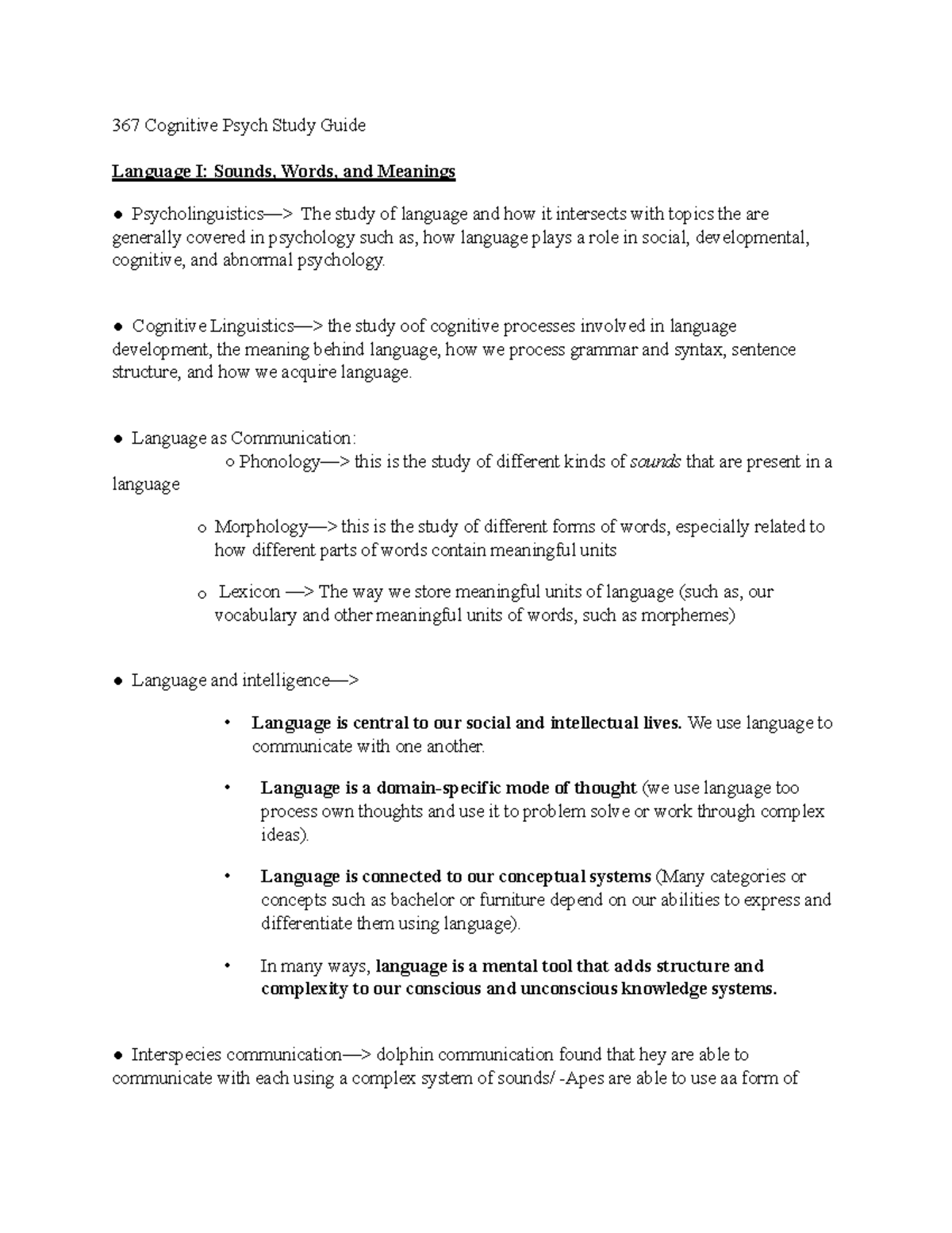 Study Guide Cog - 367 Cognitive Psych Study Guide Language I: Sounds ...