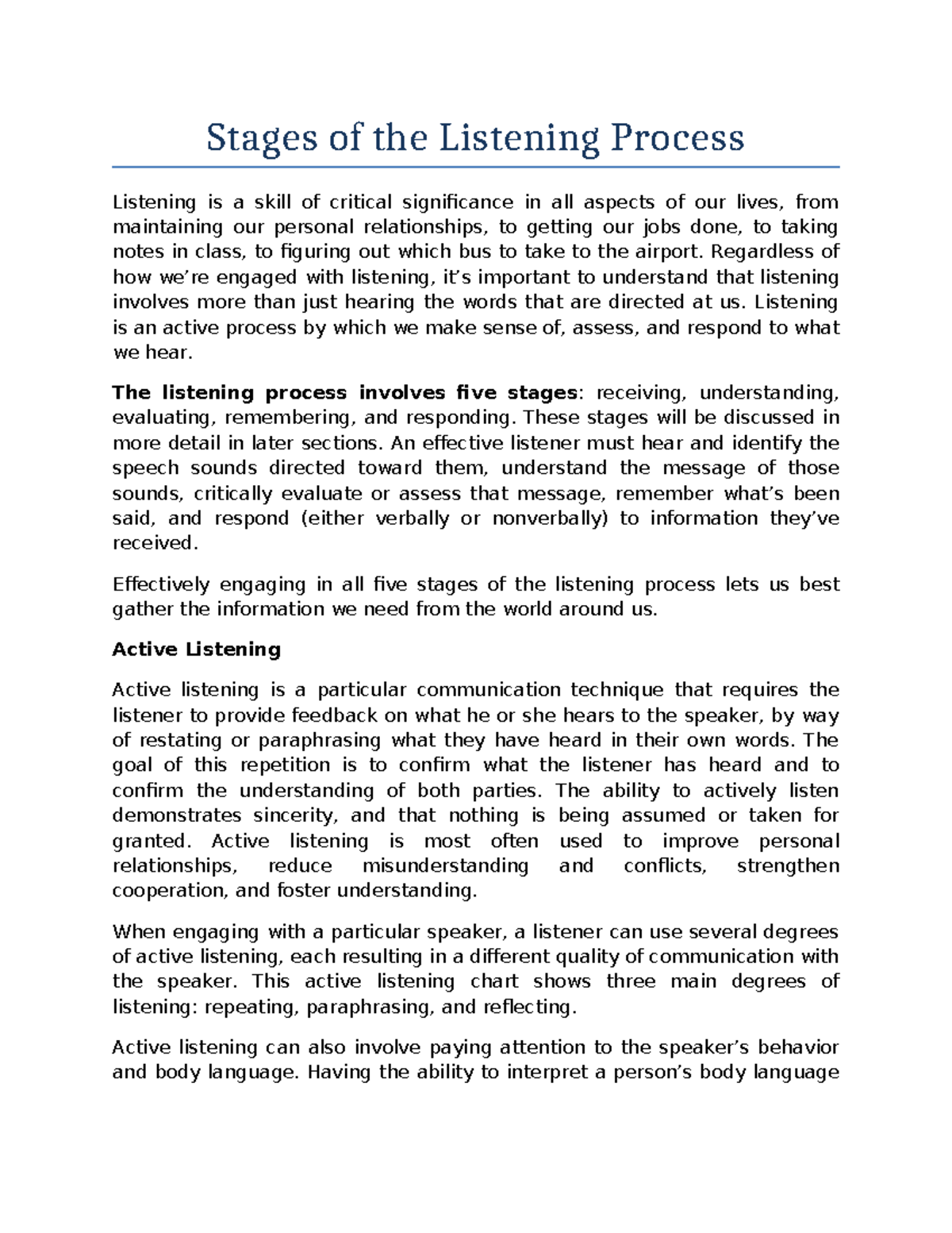 Stages in listening - well written - Stages of the Listening Process ...