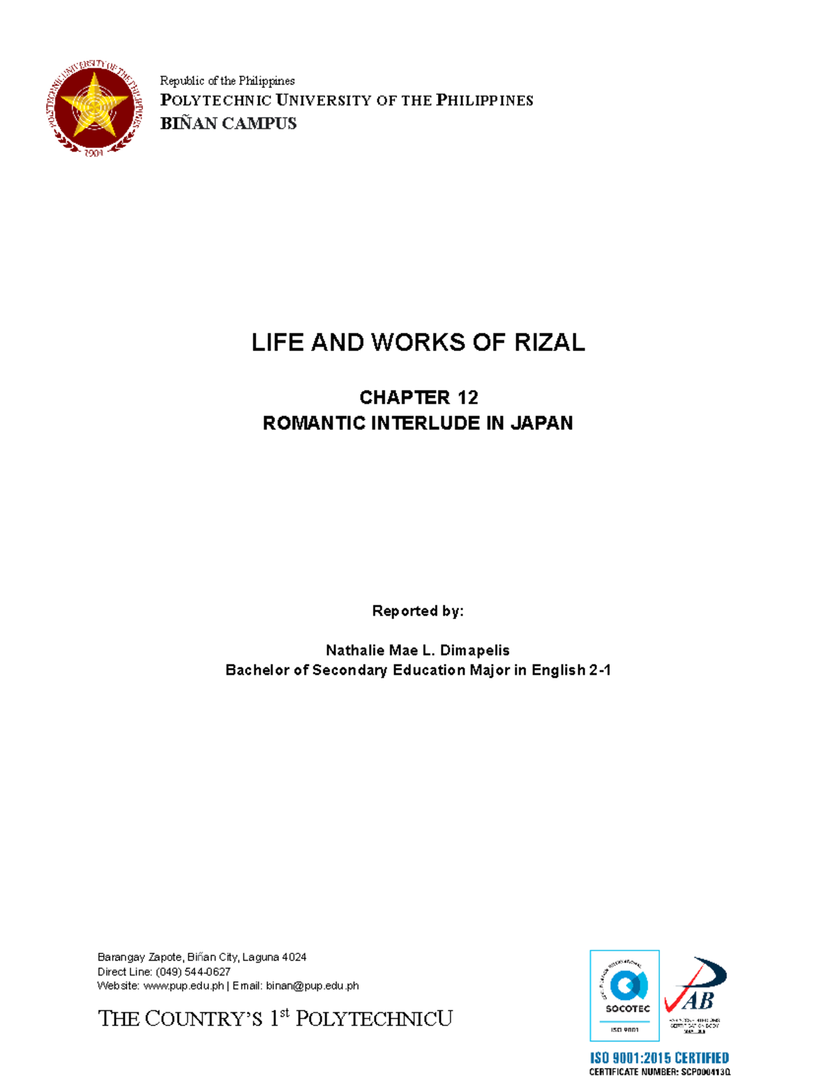 Chapter 12 Rizal Written Report Republic Of The Philippines