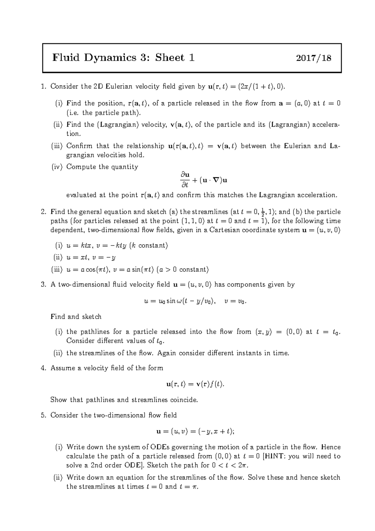 MATH33200 2017-2018 Problem Sheet 1 - Fluid Dynamics 3: Sheet 1 2017/18 ...